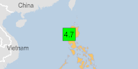 Green earthquake (Magnitude 4.7M, Depth:74.793km) in Philippines 13/11/2025 09:57 UTC, 5.7 million in 100km.