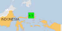 Green earthquake (Magnitude 4.9M, Depth:47.494km) in Indonesia 23/11/2025 15:37 UTC, 3 thousand in 100km.