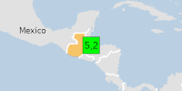 Green earthquake (Magnitude 5.2M, Depth:6.867km) in Guatemala 16/01/2026 06:08 UTC, 3.6 million in 100km.
