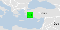 Green earthquake (Magnitude 5.1M, Depth:10km) in Türkiye 09/03/2026 06:21 UTC, 2.8 million in 100km.
