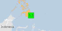 Green earthquake (Magnitude 5.3M, Depth:10km) in Philippines 18/06/2026 16:33 UTC, 530 thousand in 100km.