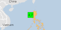 Green earthquake (Magnitude 4.7M, Depth:10km) in Philippines 28/06/2026 20:01 UTC, 470 thousand in 100km.