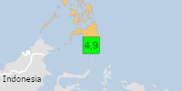 Green earthquake (Magnitude 4.9M, Depth:64.477km) in Philippines 22/07/2026 09:47 UTC, 2.4 million in 100km.