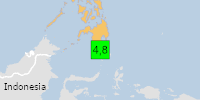 Green earthquake (Magnitude 4.8M, Depth:35km) in Philippines 05/08/2026 09:17 UTC, 300 thousand in 100km.