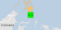 Green earthquake (Magnitude 4.5M, Depth:9.688km) in Philippines 08/08/2026 23:12 UTC, 40 thousand in 100km.