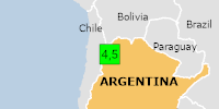 Green earthquake (Magnitude 4.5M, Depth:164.602km) in Argentina 16/08/2026 21:06 UTC, 2 thousand in 100km.