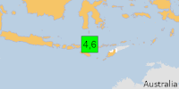 Green earthquake (Magnitude 4.6M, Depth:10km) in Indonesia 21/08/2026 01:18 UTC, 1.3 million in 100km.