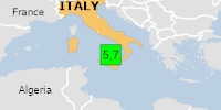 Green earthquake (Magnitude 5.7M, Depth:10km) in Italy 23/10/2026 10:19 UTC, 890 thousand in MMI>=IV.