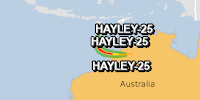 Green notification for tropical cyclone HAYLEY-25. Population affected by Category 1 (120 km/h) wind speeds or higher is 387 .